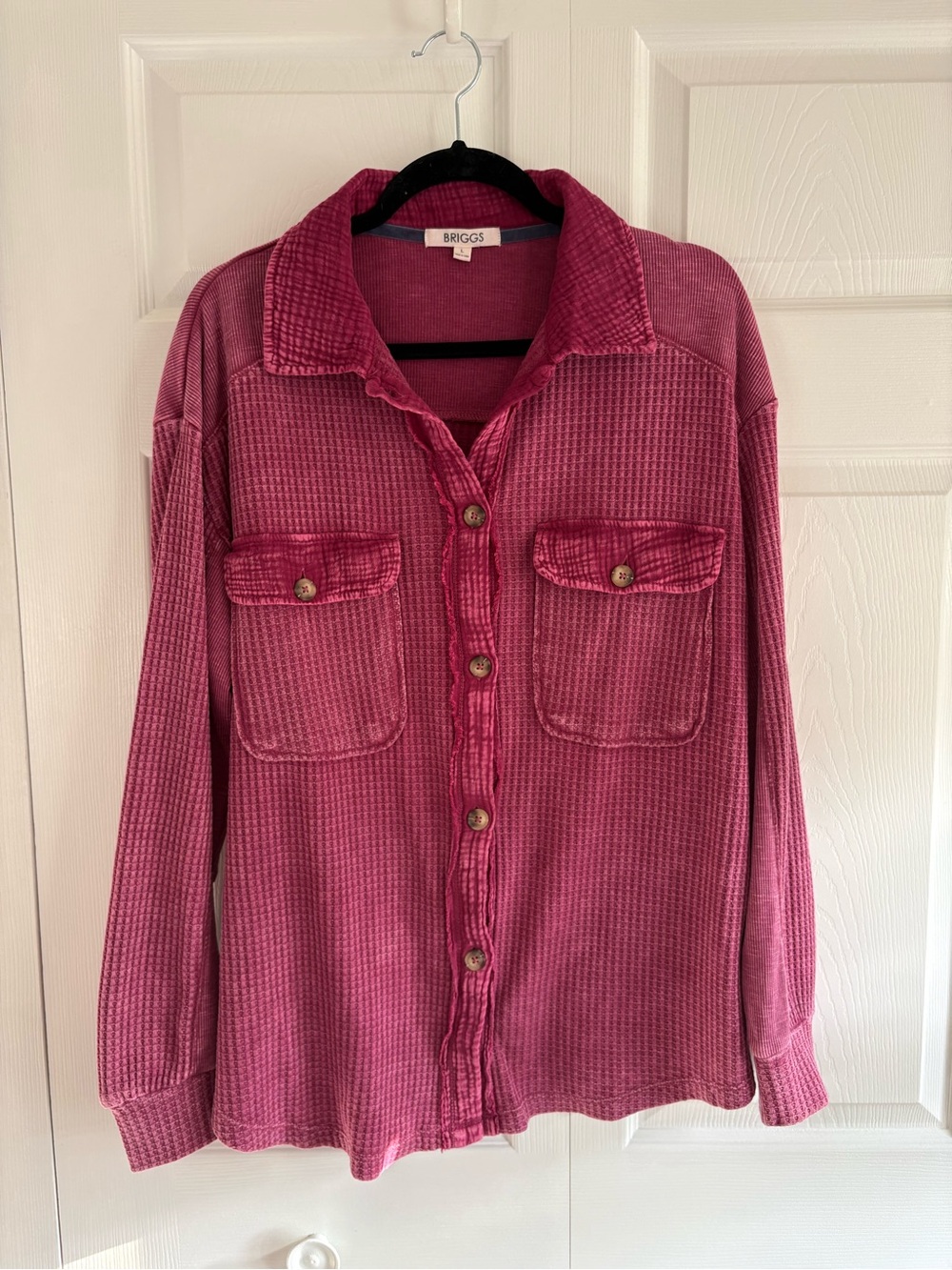 Briggs Waffle Button Long Sleeve Pocket Shirt Shacket Dark Pink L Slouchy Comfy